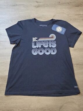 Life Is Good Women’s Tee Shirt Medium Hello Sunshine Graphic Crusher T Blue New